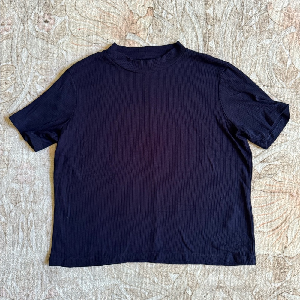 Boxy Crop Navy Women's Ribbed Mock Neck